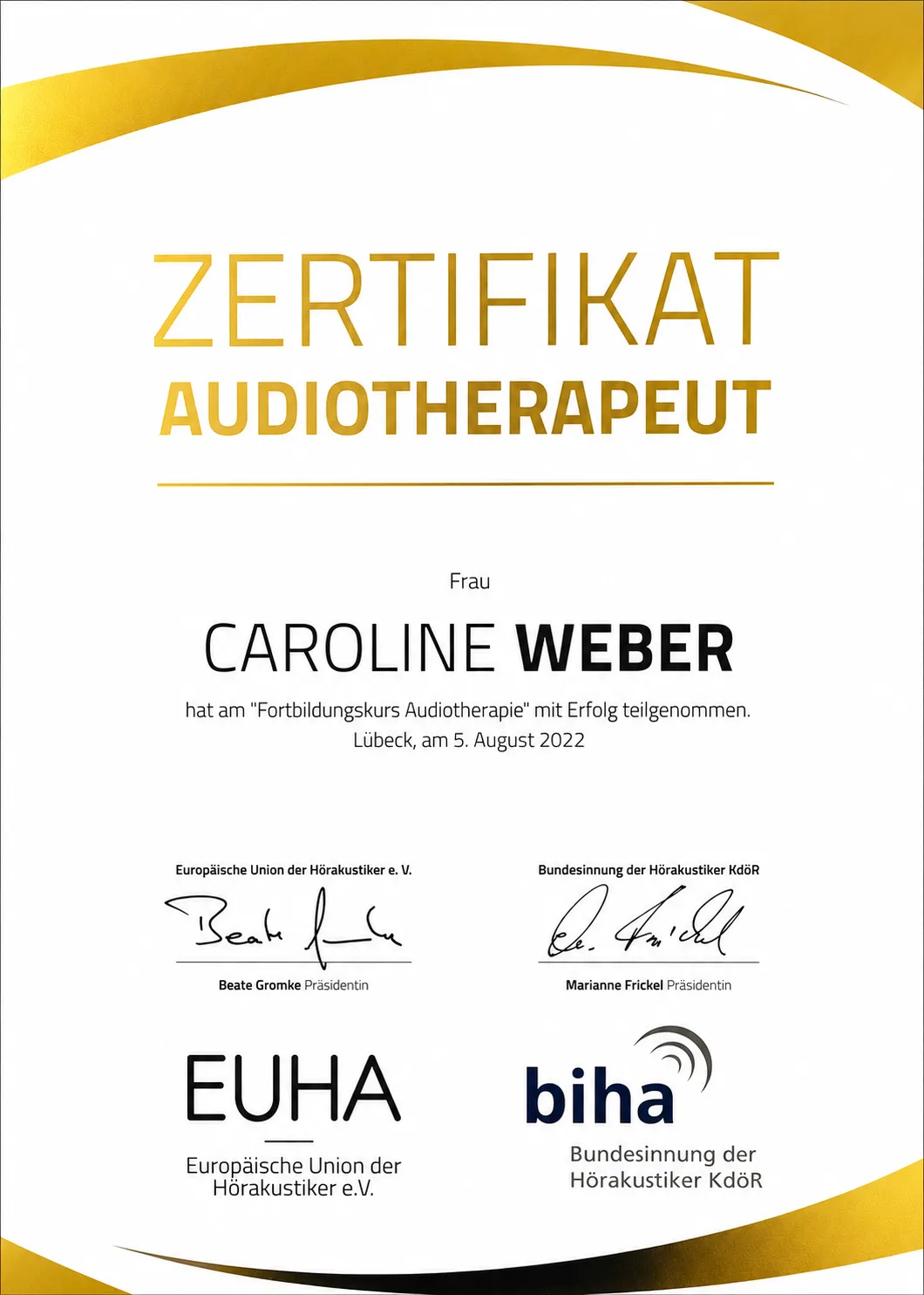 Zertifikat Audiotherapie Caroline Weber